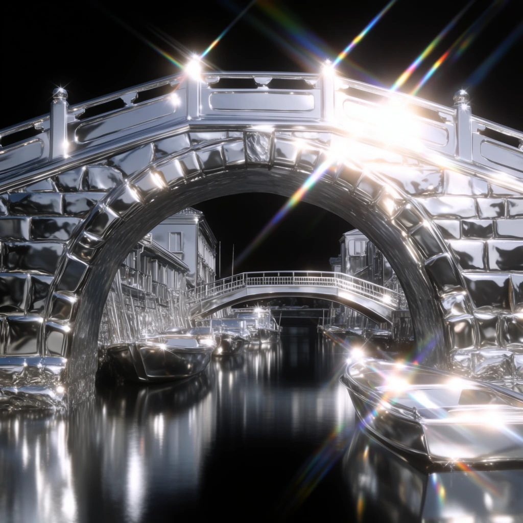 A stone arch bridge, rendered entirely in hyper-reflective, polished liquid chrome, frames a second metallic bridge over a canal, accompanied by buildings and several boats in a pitch-black void. The traditional masonry blocks of the foreground arch are transformed into smooth, mirroring silver surfaces gleaming with extreme specular highlights. Through this gleaming archway, the secondary bridge, lining buildings, and boats floating on the glassy canal share the same stark, glossy 3D-rendered metallic aesthetic. Intense, blown-out white light reflections hit the sharpest edges of the architecture and boats, producing massive, glowing starburst lens flares and long, diagonal prismatic rainbow streaks that cut sharply across the dark space. The high-contrast composition features profound chiaroscuro, emphasizing the radiant, blooming highlights of the unified monochromatic silver materials against the completely unlit environment, interrupted only by the vibrant spectral colors of the heavy optical glare.