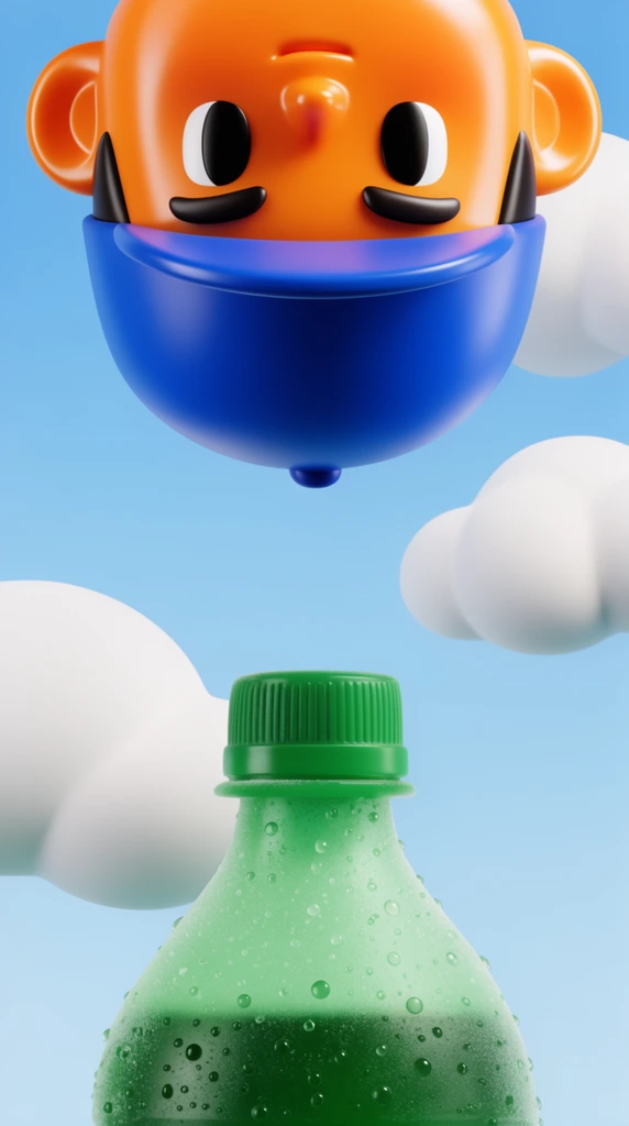 stylized 3D vinyl toy aesthetic, upside-down glossy orange face wearing a bright blue baseball cap at the top frame, frosted green plastic soda bottle covered in condensation at the bottom edge, light blue sky background, smooth fluffy white 3D clouds, vibrant complementary colors, bright studio lighting