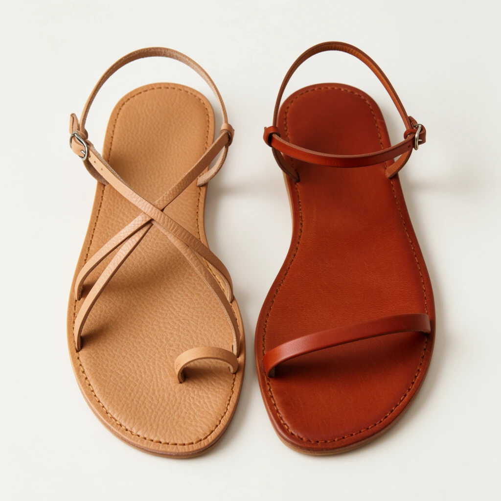 A pair of minimalist flat leather sandals rests side-by-side on a seamless off-white backdrop. The left sandal showcases light tan textured leather with thin, crisscrossing straps forming a toe loop and a buckled heel strap. The right sandal is a rich terracotta brown, featuring a single straight toe strap and a delicate ankle strap. Both shoes highlight precise perimeter stitching along their flat soles and small silver hardware. Even overhead studio lighting captures the rich organic grain of the natural leather materials in this crisp, top-down product shot.