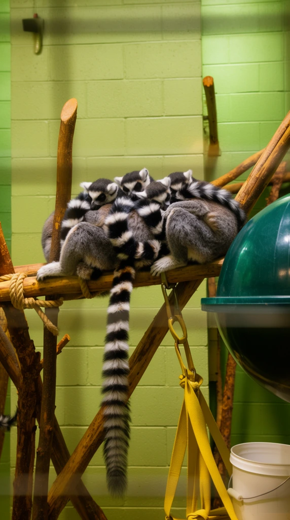 A huddle of ring-tailed lemurs sleeps tightly together on elevated wooden poles inside a green-walled enclosure. The animals form a dense cluster of grey fur and black-and-white striped tails, with one long tail dangling vertically. The climbing structure features crisscrossing branches secured with rope, flanked by a dark green plastic dome, yellow canvas straps, and a white bucket. The background consists of pale green painted cinder blocks. Captured through glass, faint horizontal reflections overlay the warm, artificially lit indoor setting.