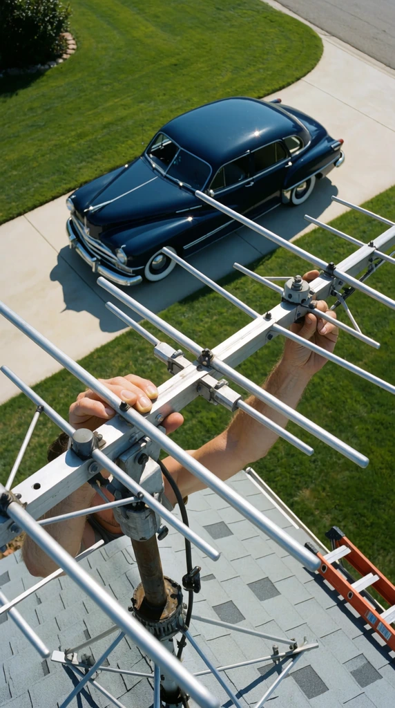 A steep high-angle perspective looks through the metallic intersecting rods of a massive television antenna gripped and adjusted by bare human arms. The complex silver aluminum structure dominates the foreground, hovering over a light grey shingled roof. Directly below, a glossy vintage dark blue sedan with whitewall tires rests on a smooth concrete driveway beside a vibrant manicured lawn. An orange ladder leans against the roof edge in the lower right corner. Crisp cinematic daylight illuminates the mid-century suburban setting, creating a deep depth of field that contrasts the sharp geometric metalwork with the sleek curves of the classic car far below.