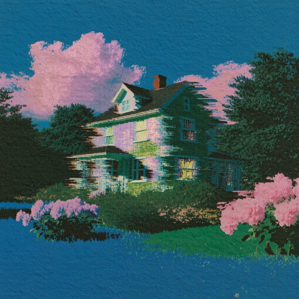 a multi-story house with a peaked roof and lit windows centered among dense stylized trees and flowering plants, rendered in a heavy risograph aesthetic with coarse paper texture, aggressive horizontal motion-smearing and glitch-interpolated pixel dragging, a high-contrast palette of saturated cyan-teal and deep forest green, chromatic pink cloud blooms in a flat sky, luminous yellow window glows, lo-fi analog noise, dreamy surrealist composition, offset printing imperfections