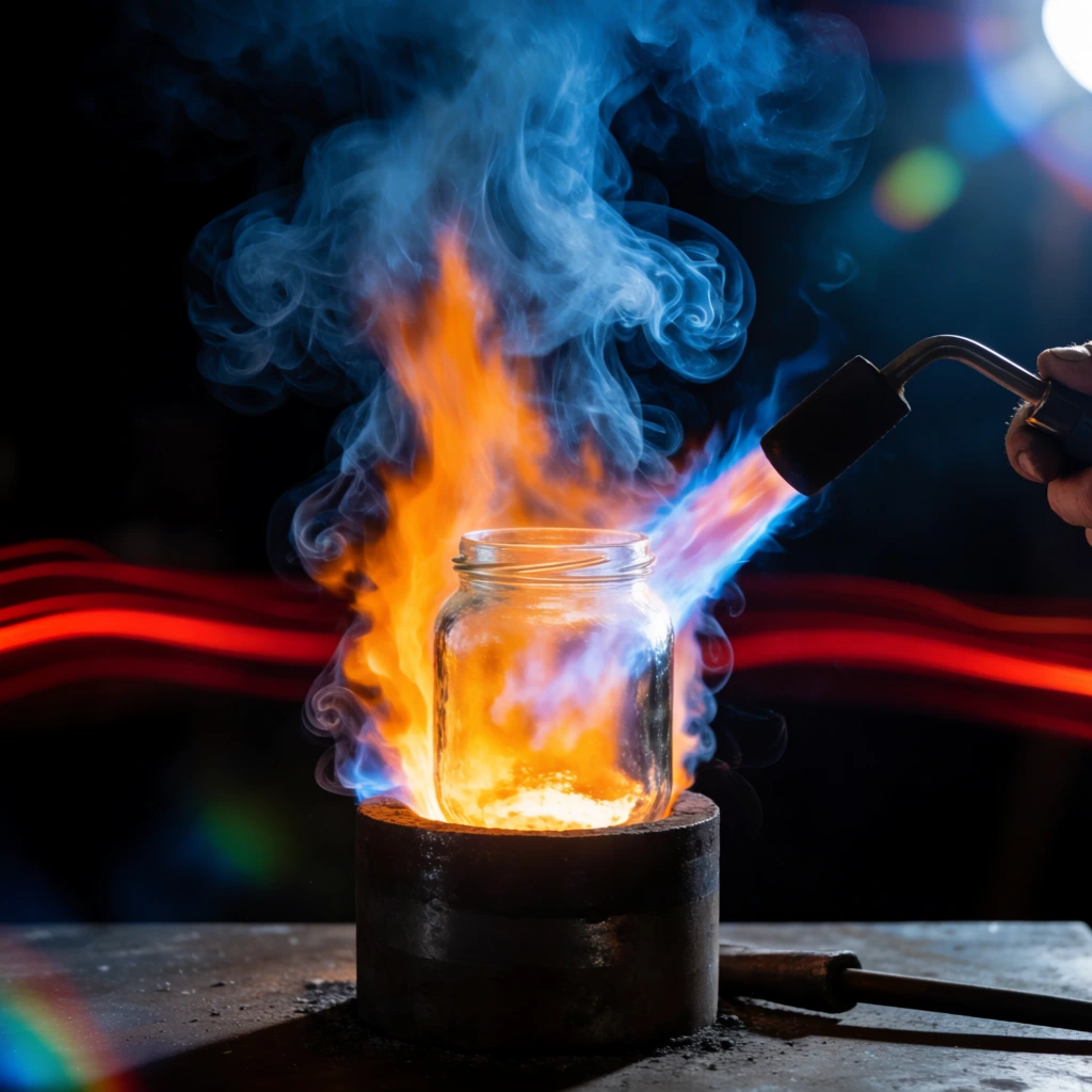 craftsman directing intense orange blowtorch flame onto clear glass jar in metal forge, thick swirling blue smoke, glowing red light trails in dark background, cinematic high contrast, edge light leaks
