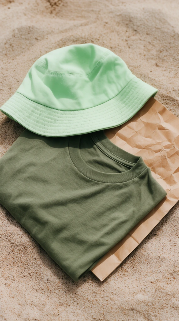 A light green bucket hat rests atop a folded olive-green t-shirt and a flat, crumpled brown paper bag. The casual flat lay composition is arranged on dry, textured tan sand under bright, even lighting that casts soft shadows and highlights the fabric folds.