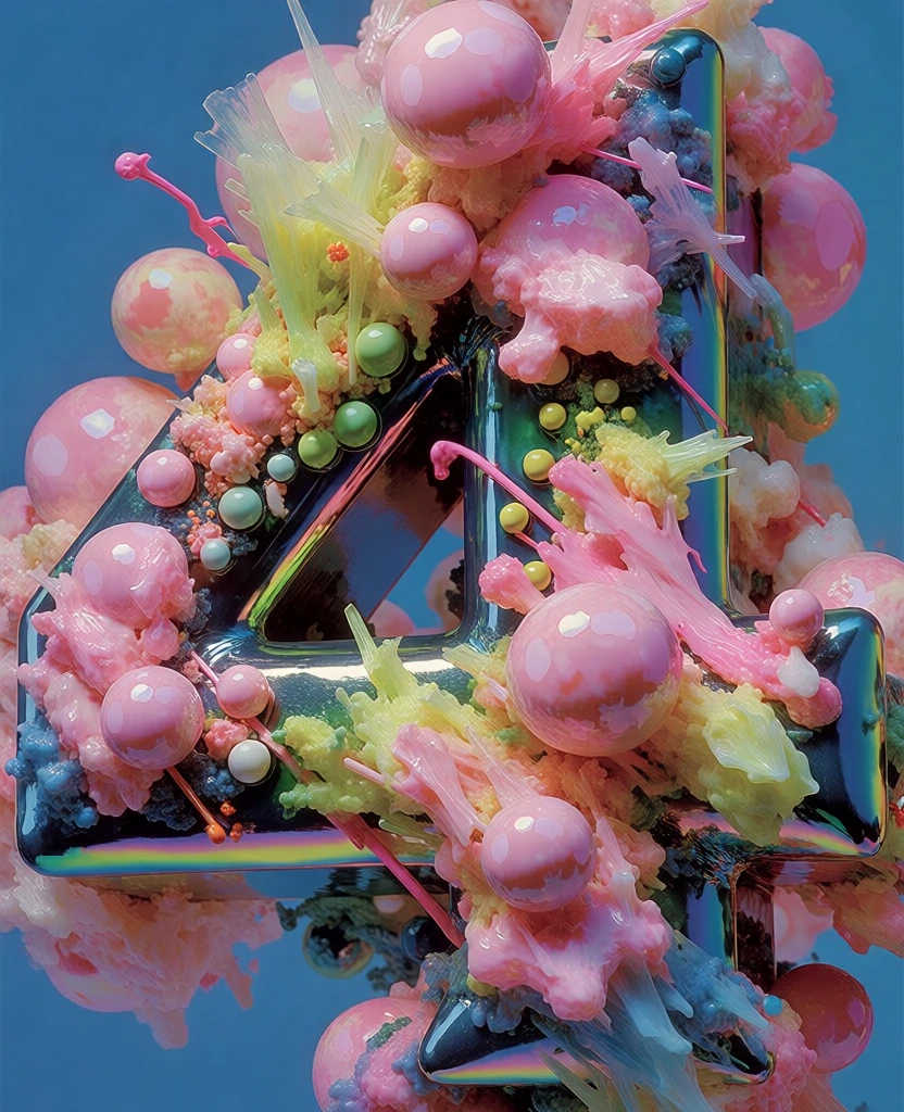 a large three-dimensional numeral four forged from iridescent dark-teal polished metal, teeming with a dense maximalist swarm of glossy bubblegum-pink spheres, lime-green dots, and gelatinous fibrous lines, rendered with high-key commercial studio lighting and wet resin-like specular highlights, claustrophobic neo-baroque composition, vibrant saturated pastel palette against a flat cerulean backdrop, hyper-detailed digital surrealism, uncanny organic-synthetic textures