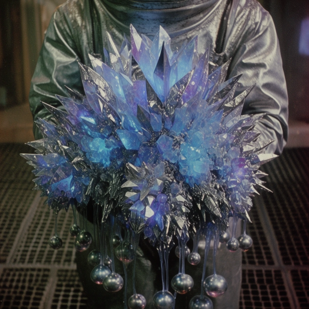 large crystalline geometric alien fungi cluster, bioluminescent blue and violet hues, sharp jagged silver shards, dangling metallic orbs on translucent tendrils, held by a figure with an obscured upper body wearing a heavy silver metallic hazard suit, dark metallic grated floor, industrial laboratory setting, cinematic sci-fi movie still, practical effects aesthetic, moody lighting, vintage film grain