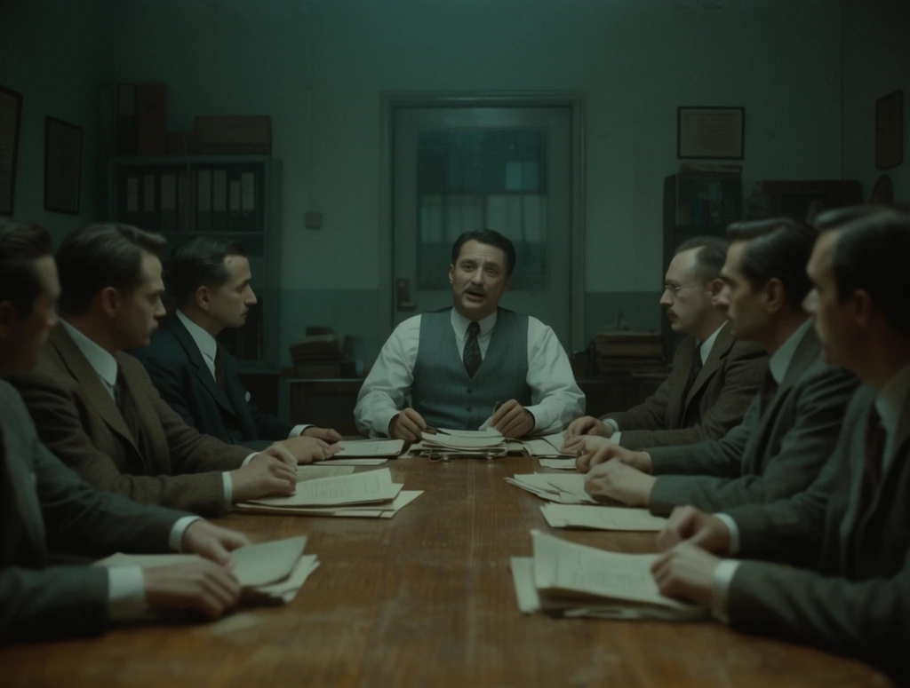Seven men in vintage suits at a long wooden conference table, central man in grey vest speaking, scattered documents, drab office, muted teal cinematic lighting
