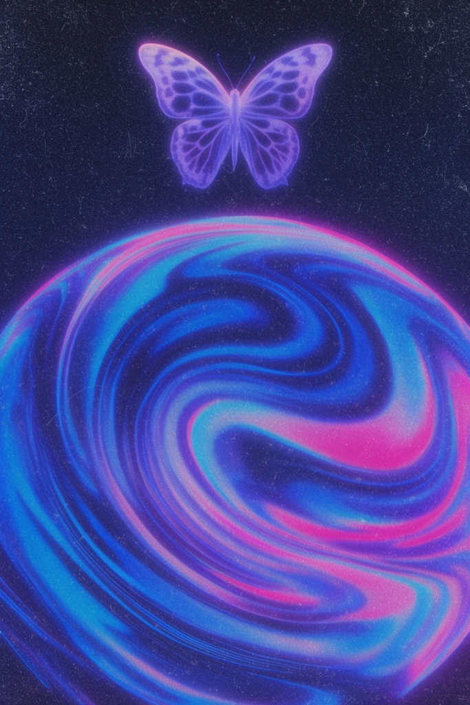 A glowing, ethereal butterfly hovers above a mesmerizing, luminous vortex in a dark cosmic void. The butterfly is positioned top-center, rendered with intricate, symmetrical wing patterns emitting a soft purple luminescence. Below it, a large sphere of swirling energy dominates the composition, blending intense electric blue and vibrant magenta hues in flowing, liquid-like waves that spiral inward. The artwork features a distinct retro-futuristic aesthetic characterized by heavy film grain, noise-like artifacts, and a distressed vintage digital texture. A glowing neon color palette of vivid cyan, violet, and pink creates a striking, psychedelic contrast against the deep navy background, evoking a mystical, analog screen appearance.