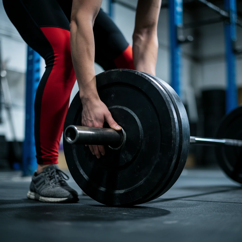 person adjusting black weight plates on a metal barbell, wearing black leggings with bright red panels and grey sneakers, hands gripping the circular plate, dimly lit industrial gym, shallow depth of field, blurred blue squat racks in background, cool cinematic lighting, low angle, gritty athletic atmosphere