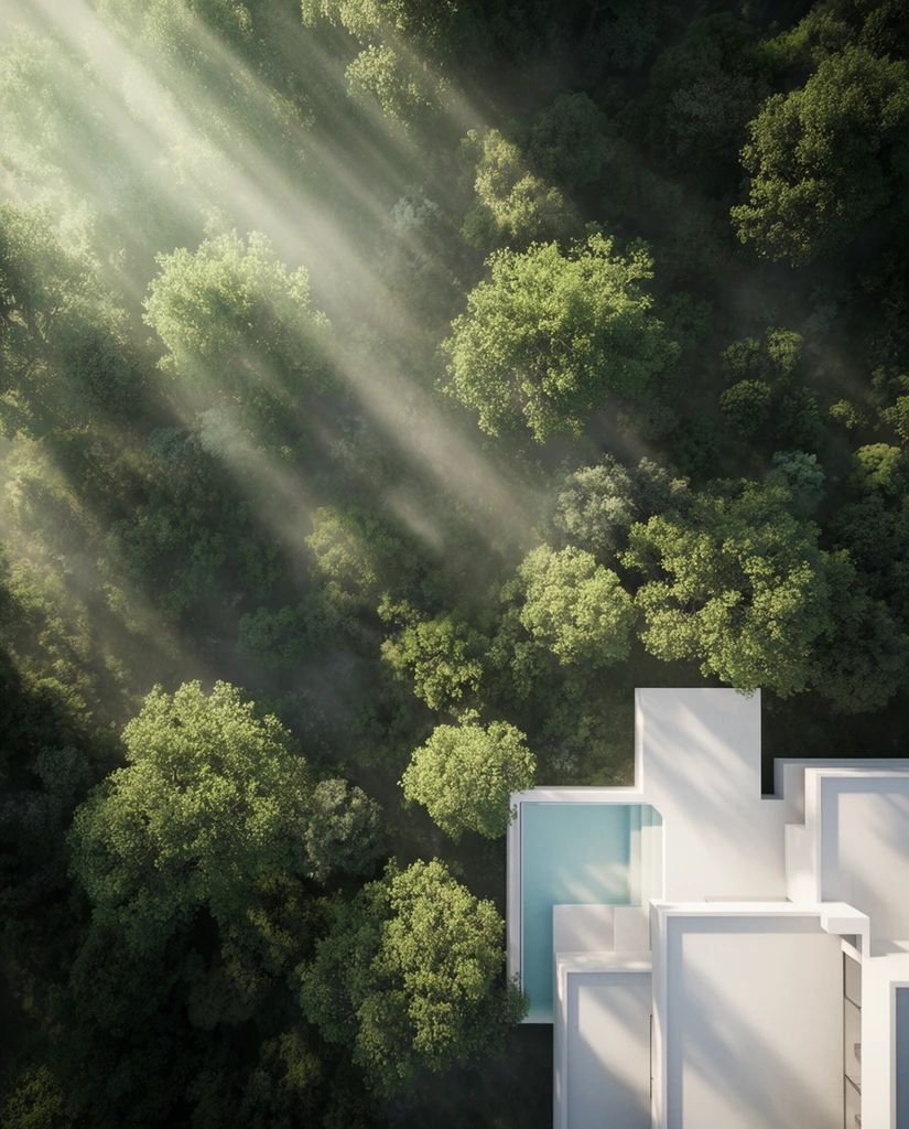 An aerial top-down view of a dense green forest canopy bathed in dramatic diagonal rays of volumetric sunlight. Organic treetops in vibrant shades of green dominate the scene as delicate mist catches the strong light streaming from the upper left. Nestled in the bottom right corner is a modern architectural structure composed of pristine white geometric planes and flat roofs. A rectangular light-blue swimming pool is integrated into the stark multi-level terraces. Sharp angular shadows cast by the white building contrast with the soft dappled light of the surrounding woodland. The composition balances wild natural textures with clean minimalist lines in a photorealistic architectural rendering style.