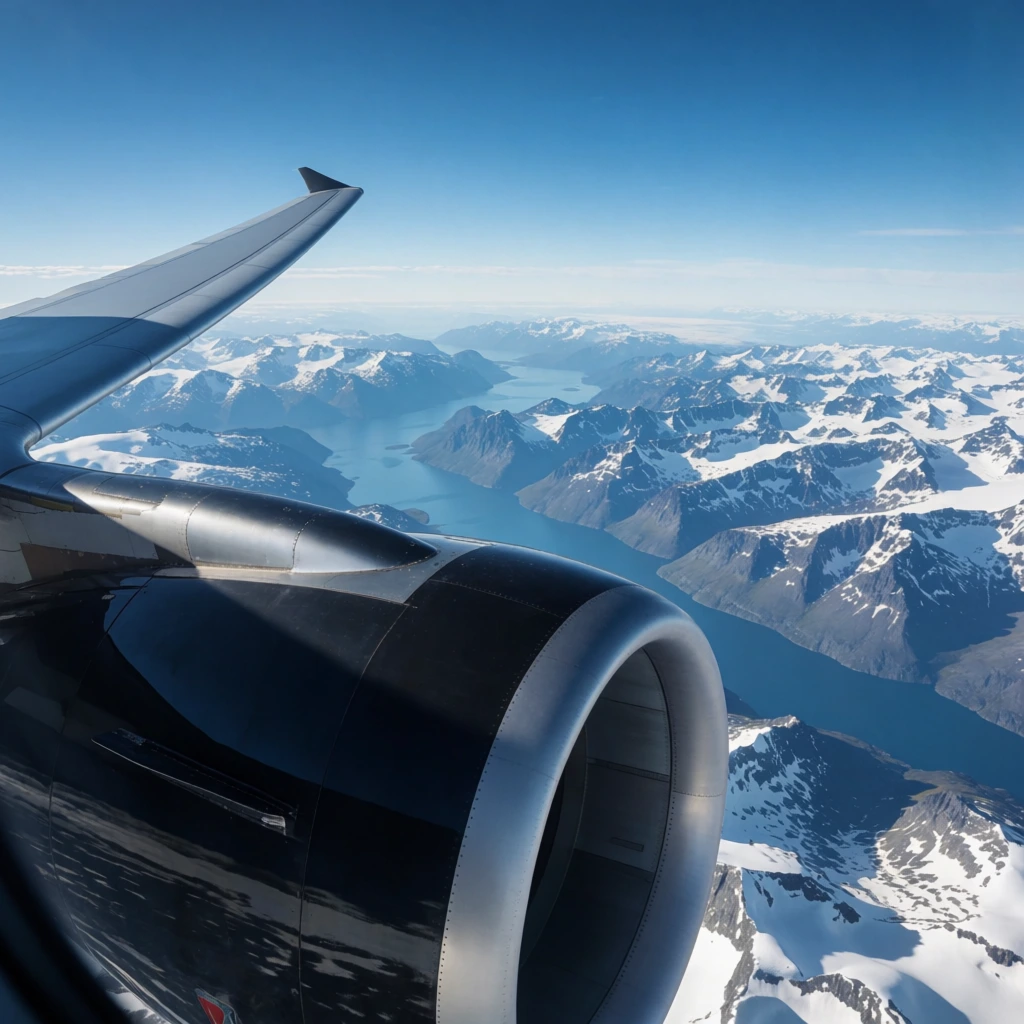 A massive jet engine with a dark, reflective cowling and silver trim dominates the lower foreground of a high-altitude landscape. The smooth aircraft wing overlooks a sprawling panorama of rugged, snow-capped mountain peaks and deep blue winding fjords. Captured in bright daylight with a deep depth of field, the scene contrasts engineered metallic forms against jagged natural terrain under a vivid gradient blue sky stretching to a distant horizon.