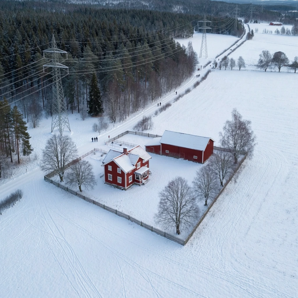 An aerial drone photograph captures a snowy rural landscape featuring two traditional red wooden buildings, one a two-story house with a pitched roof and white trim, the other a long barn. The structures sit within a triangular fenced enclosure bordered by bare winter trees. A snowy path winds diagonally behind the property, dotted with small figures walking. To the left, a dense evergreen forest rises, intersected by tall electrical transmission towers and power lines. The vast surrounding fields are blanketed in pristine snow, marked with tire tracks in the lower left foreground. The overcast lighting creates a cool, muted color palette, emphasizing the contrast between the vibrant red buildings and the expansive white winter environment.