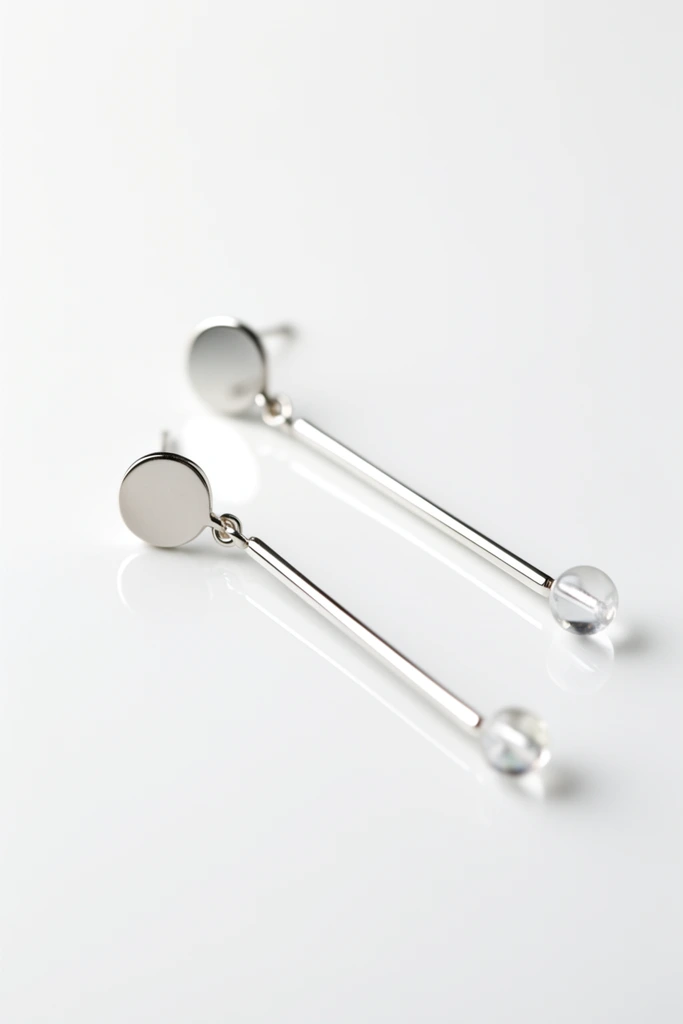 Minimalist silver drop earrings lie diagonally on a glossy white reflective surface. The elegant jewelry features flat circular studs, long slender metallic bars, and small translucent spherical stones at the tips. Macro product photography employs soft high-key lighting and a shallow depth of field to isolate the polished metallic sheen and gentle surface reflections against a seamless pure white background.