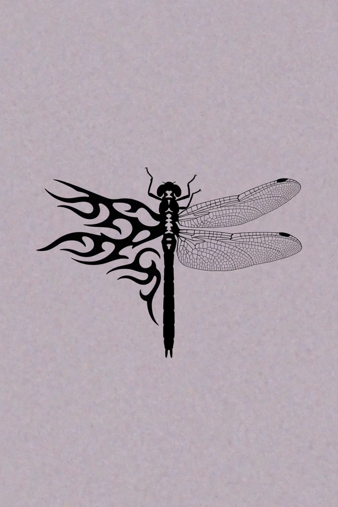 A minimalist black dragonfly graphic centered on a grainy, dusty lavender background. The insect features striking vertical asymmetry, contrasting traditional delicately veined wings on the right with abstract, swirling flame-like tribal tendrils on the left. The solid black abdomen is punctuated by small negative-space spots, creating a stark, high-contrast composition evoking modern tattoo flash art.
