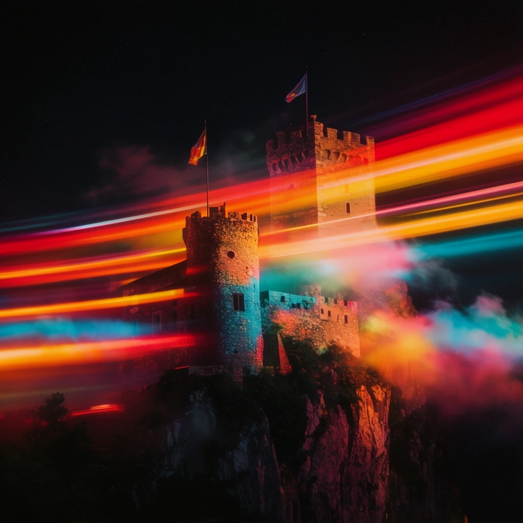 A stone castle structure sits atop a rocky cliff, heavily illuminated by vibrant, horizontal streaks of long-exposure neon light trails against a pitch-black night sky. The castle has two prominent towers, one lower and to the left, and a larger one behind it to the right. Two flags fly from poles on the castle structures. Built into the side of a mountain, the fortress is surrounded by steep cliffs and clouds that catch and scatter the intense, luminous hues of the glowing light streaks. Thick, blurring bands of neon red, vivid orange, warm yellow, and cyan light slice horizontally across the frame, creating dramatic, high-contrast cinematic lighting. These vivid light trails cast rich, colorful highlights onto the rough stone surfaces and the swirling mist. The visual aesthetic mimics a long-exposure night photograph with anamorphic lens characteristics, rendering the scene with deep, velvety shadows, a vibrant neon-noir color palette, and atmospheric cinematic grain.