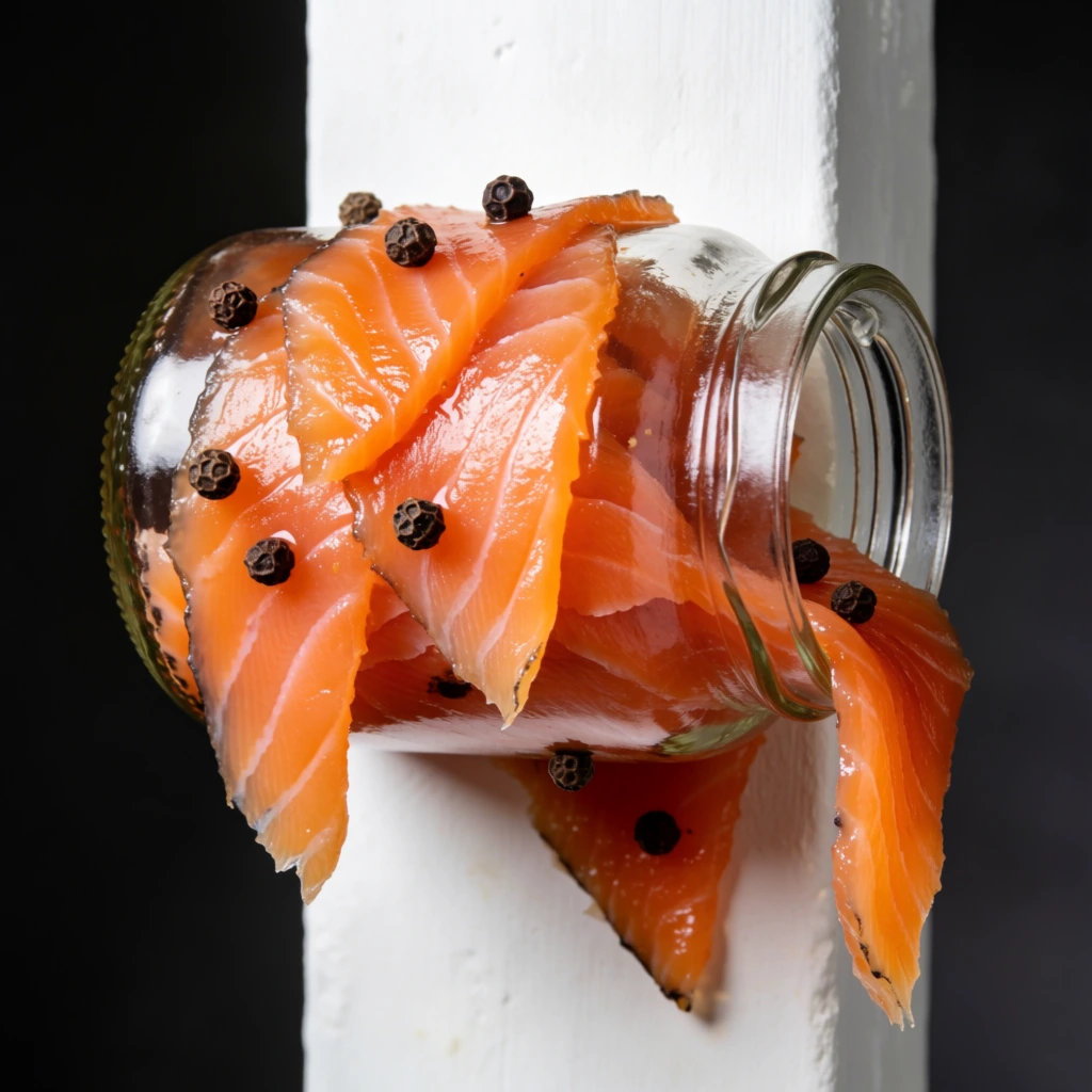 glass jar mounted horizontally on a vertical white column, cascading glossy orange smoked salmon slices and black peppercorns clinging to the surface, surreal gravity-defying food photography, stark dark background, sharp macro studio lighting