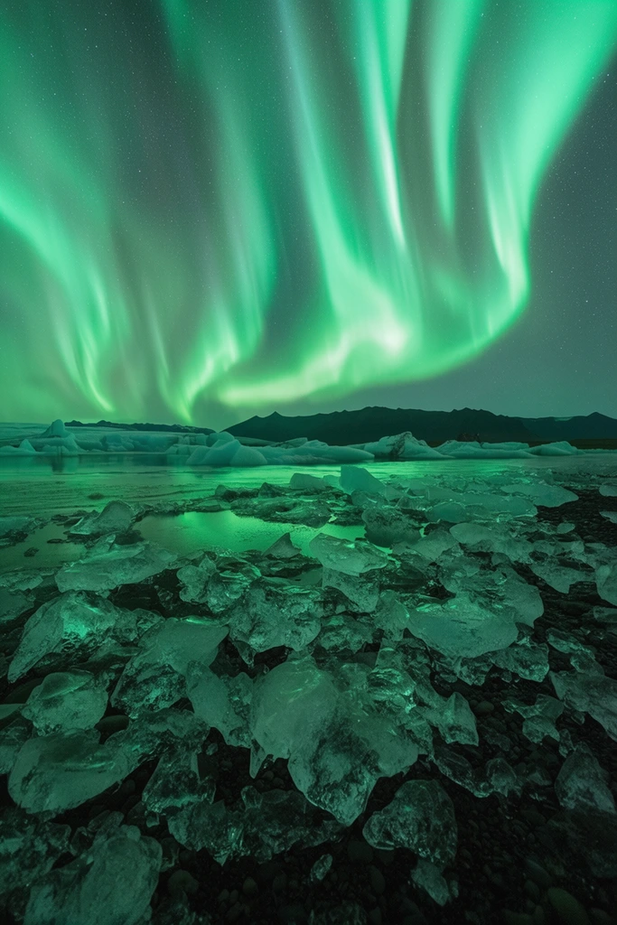 Sweeping ribbons of vibrant green aurora borealis illuminate a starry night sky above a glacial lagoon. Jagged, translucent ice chunks scatter across the dark foreground shore, reflecting the intense neon-green glow. Larger icebergs float calmly in the water, leading to a horizon of dark, silhouetted mountains. The wide-angle landscape composition relies entirely on the ethereal luminescence of the aurora, bathing the frozen terrain in a dramatic, otherworldly green light.