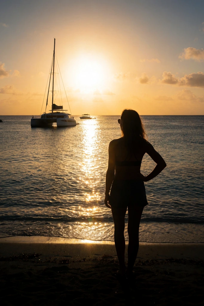 A silhouetted woman on a dark sandy beach gazes at a glowing golden sunset over the ocean. Backlit by the intense sun, she stands facing away with one hand resting on her hip. The rippling water reflects a sparkling path of bright light, framing an anchored catamaran sailboat and a distant smaller vessel under a warm orange and soft blue sky.