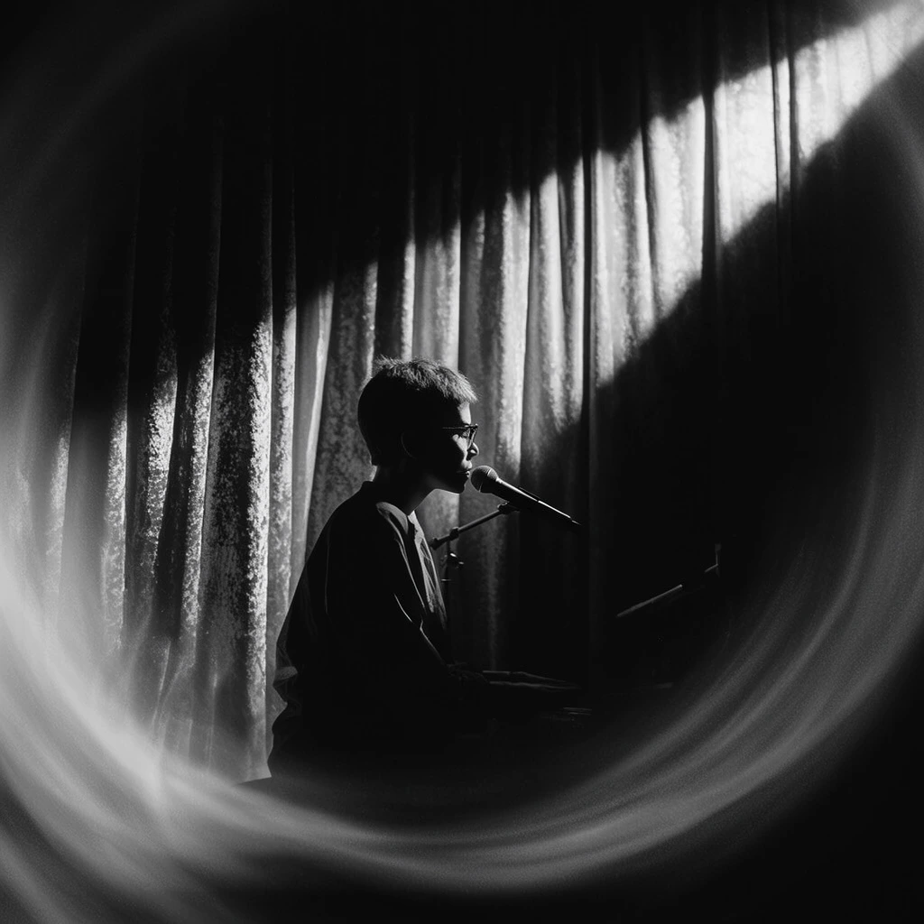 solitary figure in profile performing at a microphone, seated in deep shadow, short hair, glasses, sharp diagonal spotlight cutting down through profound darkness, illuminating heavy stage curtains with textured vertical folds, intense chiaroscuro, sweeping circular foreground blur creating a soft ethereal vignette, low key black and white photography, intimate atmospheric performance, high contrast, cinematic framing, moody film noir aesthetic