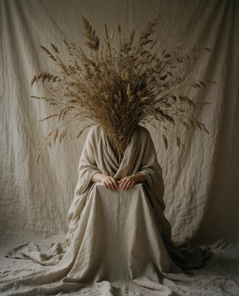 A seated figure in flowing beige linen has their head completely obscured by a massive, radiating arrangement of dried grasses and wheat. Their hands rest gently on a draped pedestal. The surreal fine art photography composition features a seamless crumpled muslin backdrop, a monochromatic earthy palette, and soft, moody studio lighting highlighting brittle botanical textures and deep fabric folds.