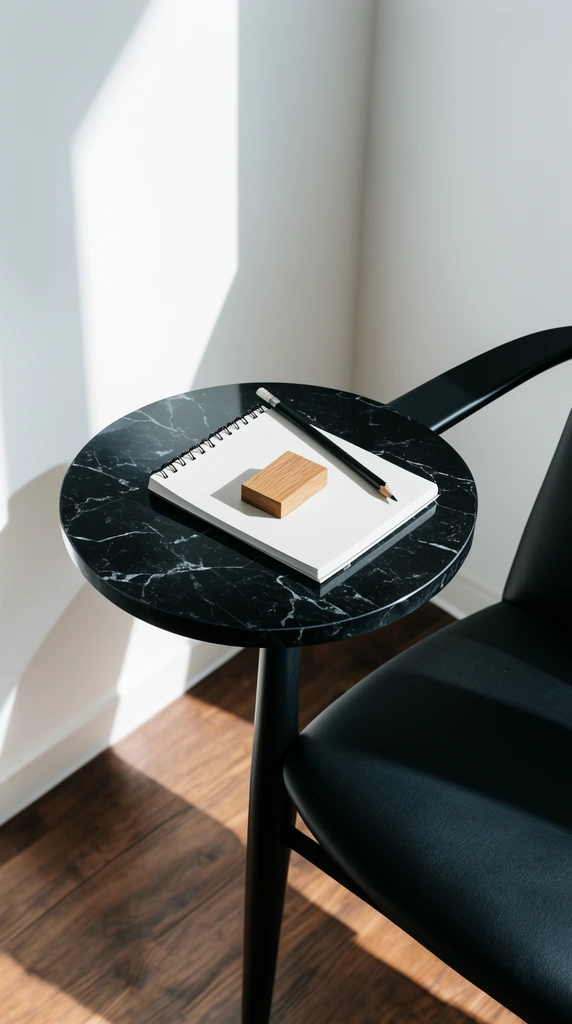 A black chair features an attached circular black marble side table holding a white notepad, a small wooden block, and a black pencil. Stark white walls and a brown wooden floor define the minimal corner setting. Harsh direct sunlight casts sharp geometric shadows from the furniture, emphasizing the high-angle perspective, clean lines, and a high-contrast palette.