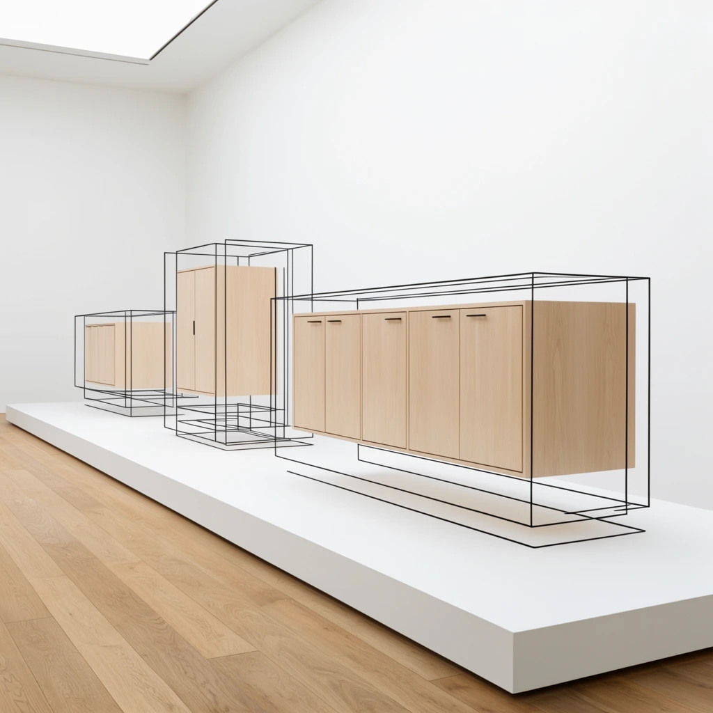 minimalist light wood cabinets with protruding thin black wireframe outlines, optical illusion furniture on a long white gallery plinth, stark white room, bright diffused lighting, oak floor, contemporary geometric exhibition design