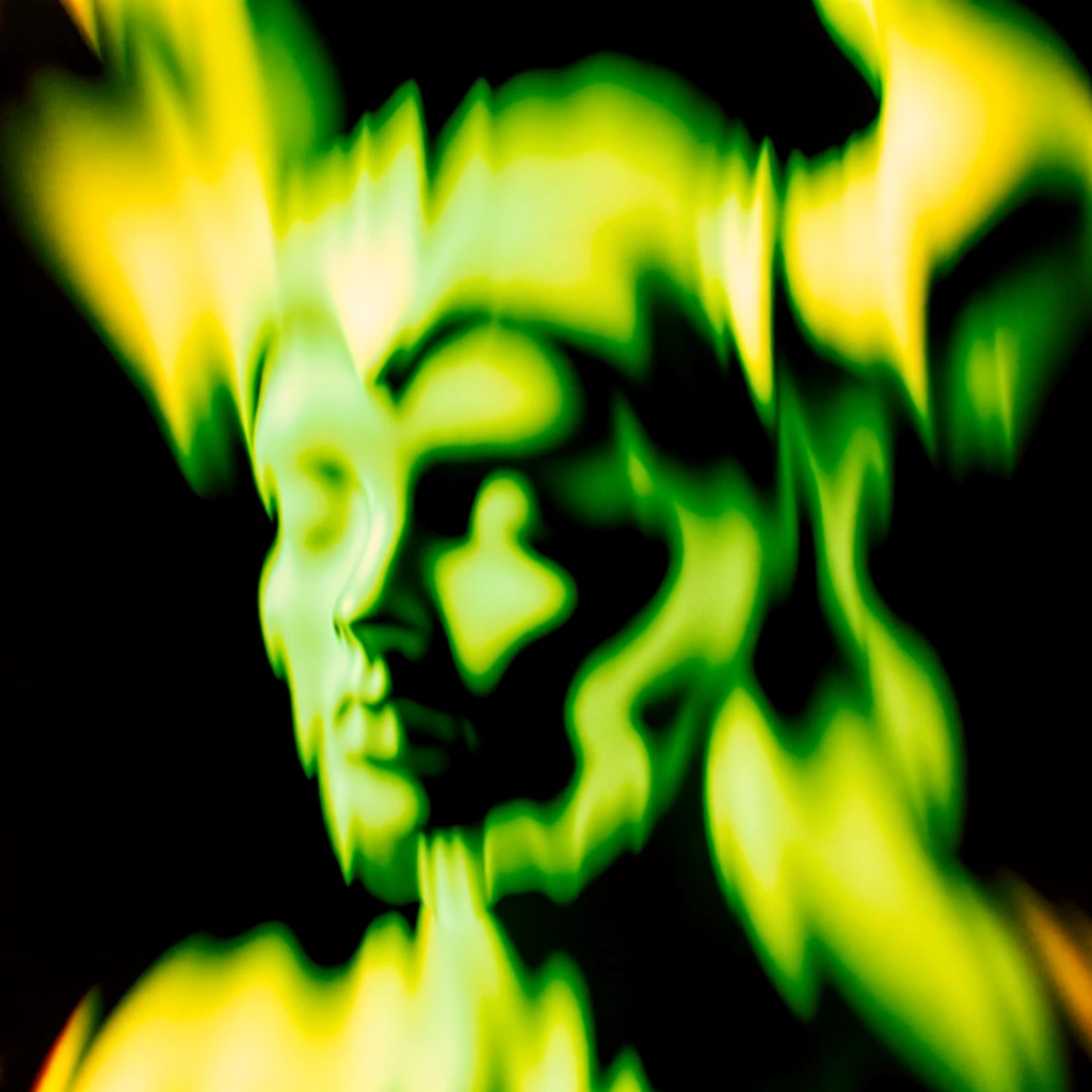 mannequin head wearing a horned headdress, depicted as a warped liquid silhouette, extreme motion blur, high-contrast acid green and neon yellow glow, deep black negative space, heavy digital grain, chromatic aberration, blooming highlights, soft-focus organic shapes, streaky radial distortion, experimental rave aesthetic, subject nearly illegible through intense luminous smears and psychedelic light trails