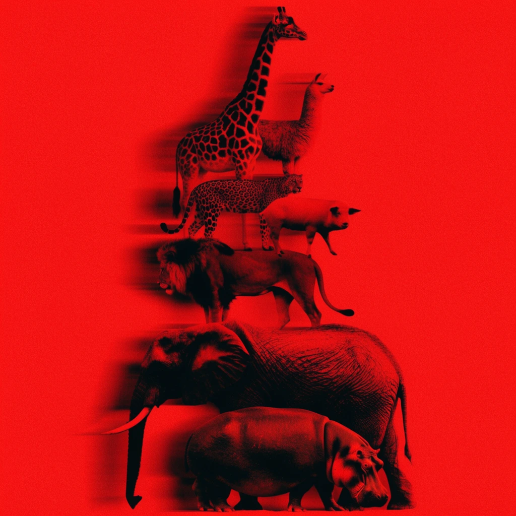 A vertical column of a giraffe, elephant, hippopotamus, llama, lion, leopard, and pig rendered in an intense red and black duotone. The dense stack anchors the elephant and hippopotamus at the base, ascends through the lion, leopard, pig, and llama, and peaks with the giraffe. The subjects are set against a flat, saturated crimson background void of environmental details. Extreme horizontal motion blur smears the deep black, silhouetted forms of the animals laterally into the red space. The composition features severe contrast, heavy photographic grain, and a gritty, posterized texture mimicking an abstract, high-speed vintage print.
