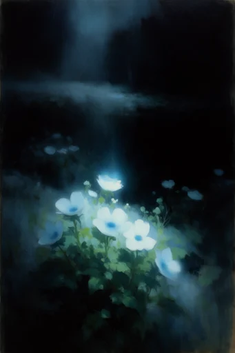 Nocturnal Bioluminescent Tonalism style reference image — symbolist dreamscape