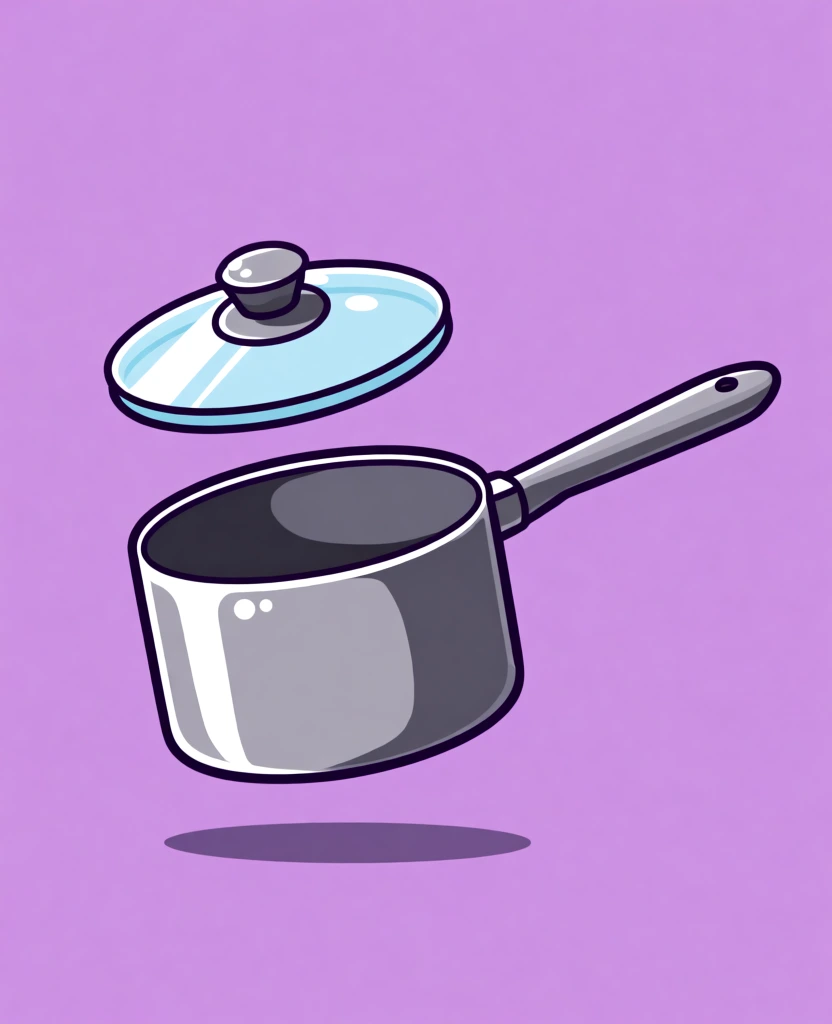 A silver cartoon saucepan with a long handle floats in mid-air alongside its translucent light blue glass lid against a solid lavender background. The saucepan is cylindrical with a metallic grey finish, featuring dark grey shading on its right side and bright white highlights along its top rim and interior. A long, tapered dark grey handle with a small circular hole at its end extends from the right side of the pot. Floating at a slight angle above the saucepan's open mouth is a circular lid, which consists of a light blue glass surface with white glare marks and a dark grey knob in the center. Both the pan and the lid are defined by thick, dark purple outlines. Below the suspended cookware, a dark purple oval shadow rests on the flat ground, indicating the objects are hovering. The illustration is rendered in a clean vector style with flat colors and simplified shading, utilizing a high three-quarter perspective. Highlighting on the upper left surfaces of the objects suggests a light source coming from that direction.