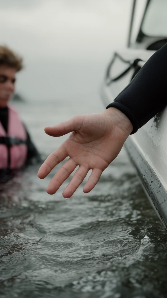 close-up of an outstretched hand hovering above choppy gray water, arm clad in a black wetsuit sleeve, reaching toward a softly focused figure in a pink life vest on the far left, edge of a white watercraft on the right, shallow depth of field sharply focusing on the open palm, water droplets on skin, muted color palette, overcast cinematic lighting