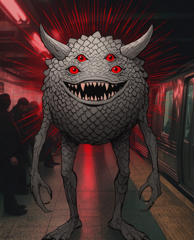 Round scaly gray monster, two horns, four red eyes, wide mouth with sharp teeth, long spindly legs, standing on a dim subway platform, red radiating aura lines, 2D comic halftone shading superimposed over a darkened photographic subway train background, passenger silhouettes, moody red ambient glow, mixed media illustration