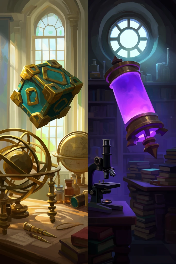 split-panel digital illustration of contrasting magical laboratories, bright sunlit room on left featuring a floating teal and gold cubic chest, brass armillary sphere, globe, tall window, warm lighting, dark study on right depicting a floating purple glowing cylinder, microscope, stacked books, round window, cool volumetric lighting, stylized fantasy concept art, steampunk aesthetic, painterly textures