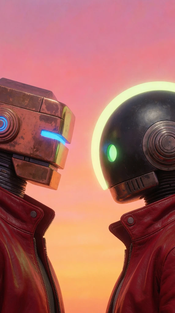 Two retro-futuristic androids face each other in profile against a pink and orange sunset gradient. The left android features a blocky copper head with glowing blue slits. The right wears a spherical matte-black helmet with an illuminated green halo. Both wear high-collared crimson leather jackets. Rendered in a smooth digital painting style with warm atmospheric lighting.