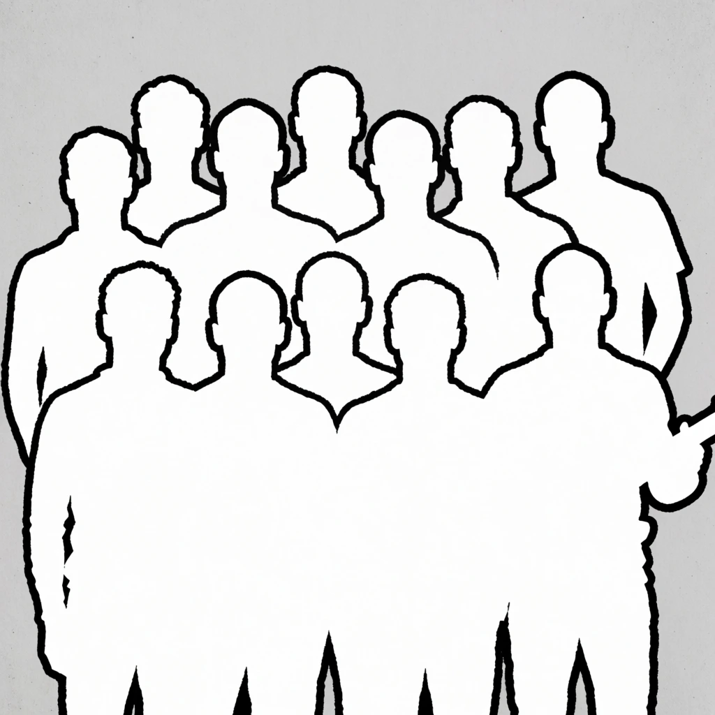 Eleven blank white human silhouettes with jagged black outlines are arranged in a staggered group portrait against a textured light gray background. The minimalist, detail-free figures resemble raw hand-drawn cutouts, with one on the right holding a guitar, emphasizing stark negative space.