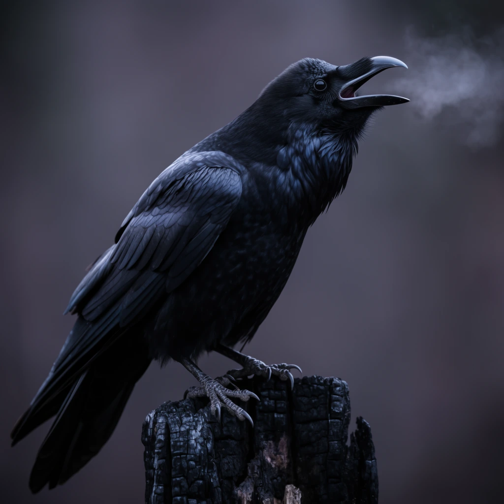 large black raven perched on a charred wooden stump, beak open emitting a visible puff of vapor, highly detailed glossy dark feathers, sharp claws gripping textured burnt wood, smooth blurred dark purplish-grey background, cold moody atmosphere, cinematic lighting, shallow depth of field, telephoto wildlife photography