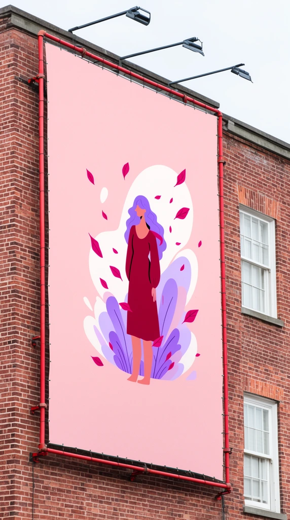 A large outdoor billboard mounted on a red brick building displays a pastel pink background featuring a flat vector illustration. The stylized artwork depicts a figure with purple hair in a crimson dress surrounded by abstract white and purple organic shapes and falling magenta leaves. The canvas is secured to the facade by a red metal pipe frame. Black metal light fixtures overhang the billboard, positioned next to classic white-framed windows beneath a pale overcast sky.