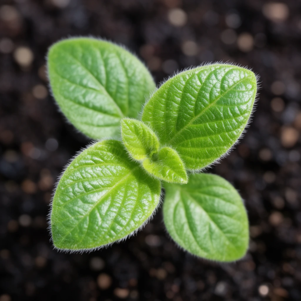 A vibrant green seedling with deeply veined, fuzzy leaves radiates outward in a sharp macro photograph. Fine translucent white hairs coat the edges of the luminous, ovate foliage. The central leaf cluster is captured in crisp focus, contrasting sharply against deeply blurred dark earth speckled with soft bokeh highlights.