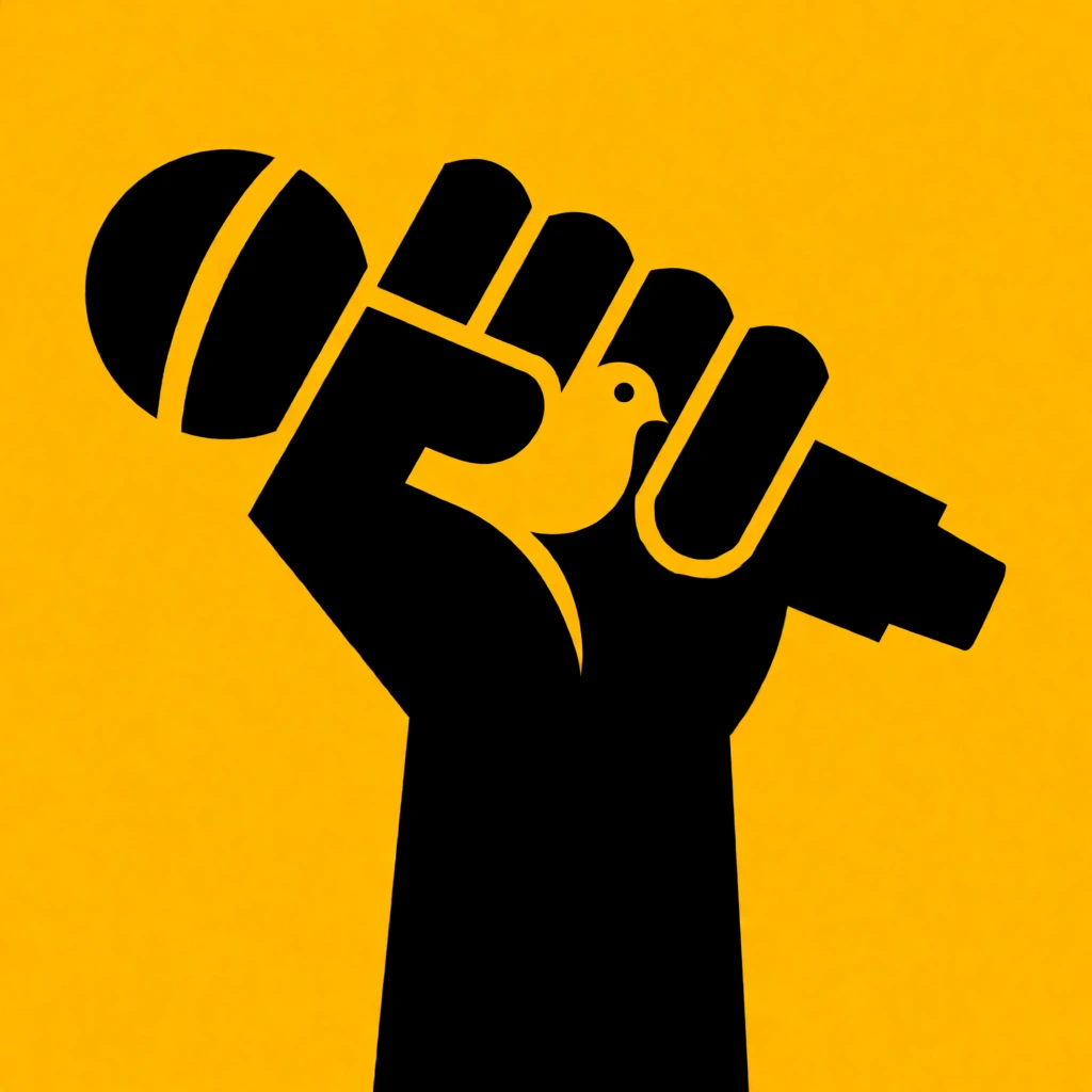 solid black silhouette of a raised clenched fist holding a microphone, vibrant flat mustard yellow background, negative space between thumb and index finger forming a dove head profile with a dot eye, minimalist flat vector illustration, high contrast two-tone graphic design, sharp clean edges, bold conceptual poster art
