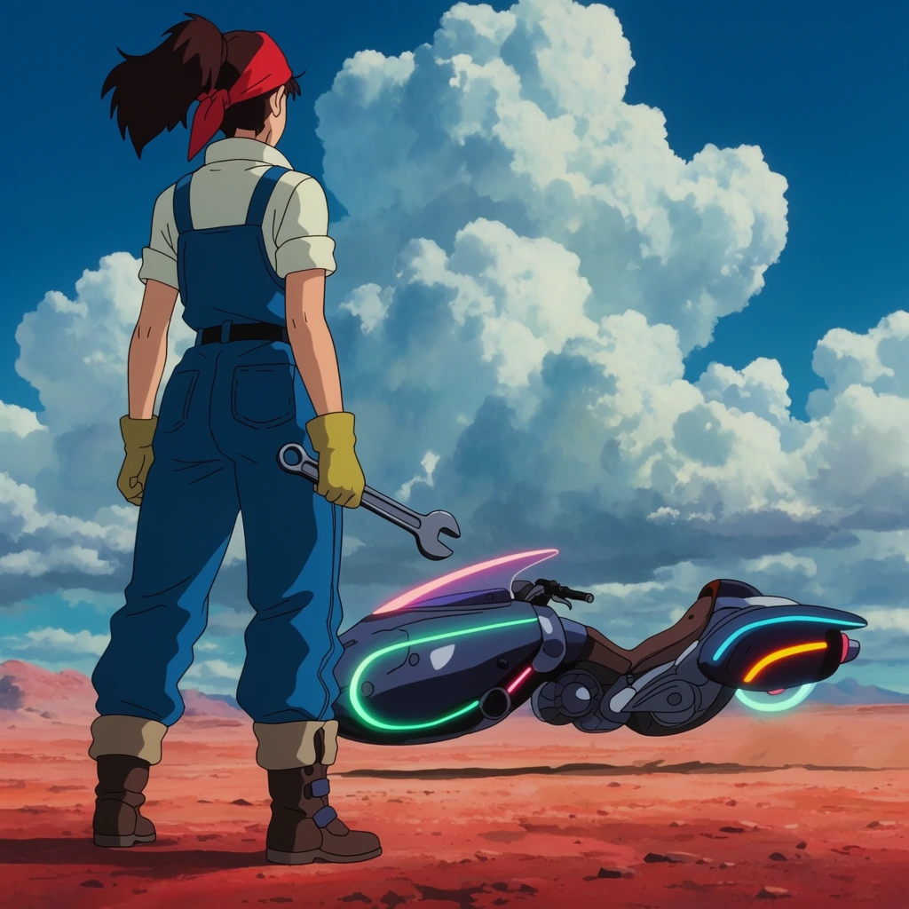 A 2D anime-style scene featuring a female mechanic in blue overalls and a red bandana standing with her back to the viewer, holding a heavy wrench. She gazes toward a futuristic hovering speeder bike with glowing neon accents parked in the midground. The environment is a dusty red-sand desert. Above, a brilliant blue sky is dominated by massive towering white cumulus clouds. The artwork uses clear line work and vivid saturated colors typical of traditional animation cels.