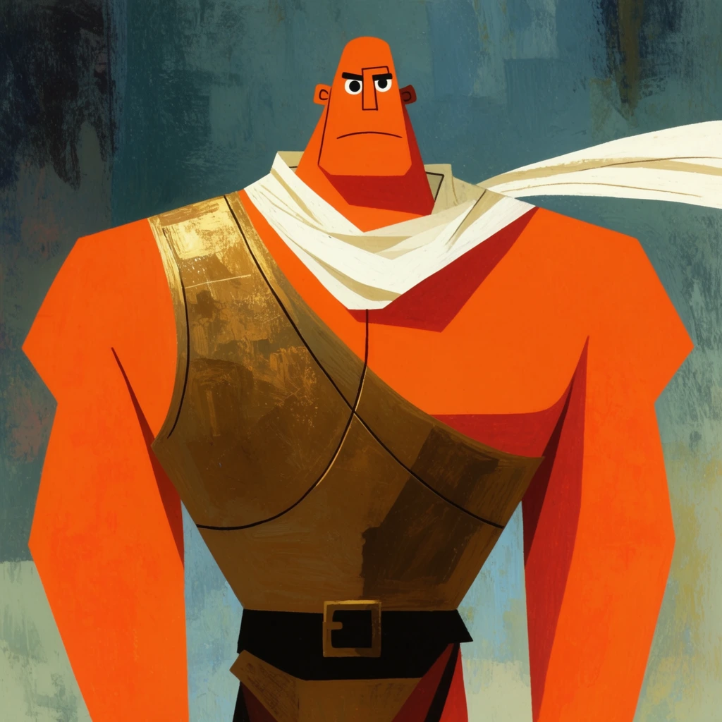 Broad-shouldered orange golem, geometric mid-century animation style, asymmetrical bronze breastplate, flowing white scarf, flat colors, textured background