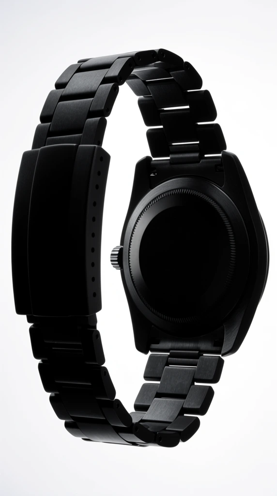 matte black metal watch bracelet and case back in macro close-up, folding clasp, serrated edge detailing, side winding crown, stark white background, high-contrast silhouette, bright rim lighting on metallic links, sleek minimalist product photography