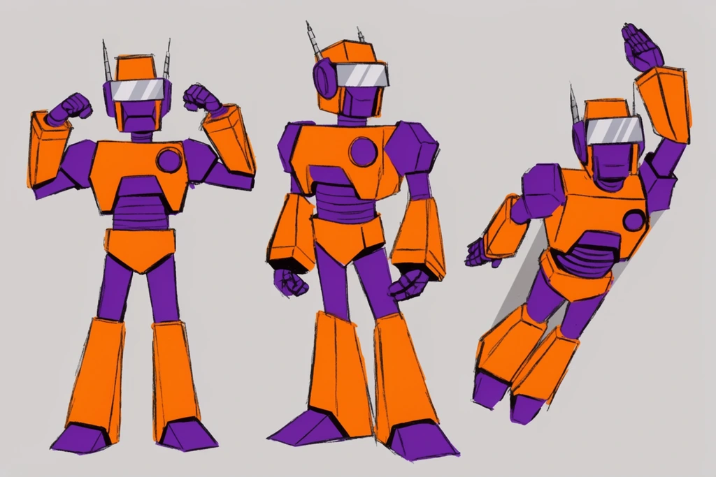 orange and purple geometric robot, character design sheet, flat silver visor, three dynamic poses, flexing, standing angled, flying upwards, retro 2D illustration, bold sketch lines, flat colors, light grey background