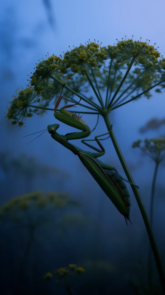 A green praying mantis hangs upside down on the slender stem of a blooming umbellifer plant, its forelegs folded near clusters of tiny yellow-green flowers. A moody blue mist envelops the low-light macro scene, utilizing a shallow depth of field to blur distant floral silhouettes against the cool, atmospheric background.