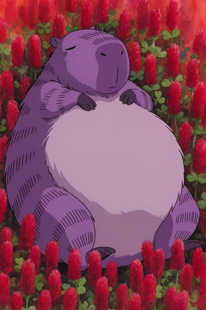 A gigantic, fluffy purple capybara rests on its side amidst a dense bed of towering crimson clover. The creature features a massive, spherical body with dark lavender stripes and a pale lilac underbelly, exhibiting a serene, sleepy expression with closed eyes. Rendered in a classic 2D animated cel style, the flat, smooth shading of the animal contrasts against a detailed, watercolor-painted background of vibrant red foliage. The tight overhead framing emphasizes the soft curves of the creature's immense form nestled within the lush botanical environment.