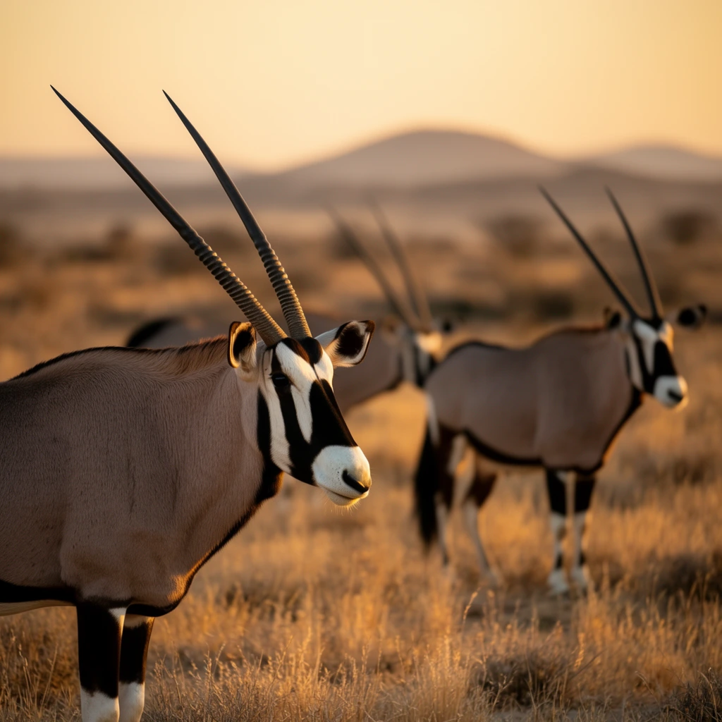 prominent gemsbok in left foreground profile, striking black and white facial markings, long straight ringed horns, fawn body, sharp focus, two additional gemsbok in soft focus background, arid savanna, dry golden grass catching low sunlight, distant blurred hills, pale amber twilight sky, cinematic wildlife photography, golden hour lighting, shallow depth of field, telephoto lens compression