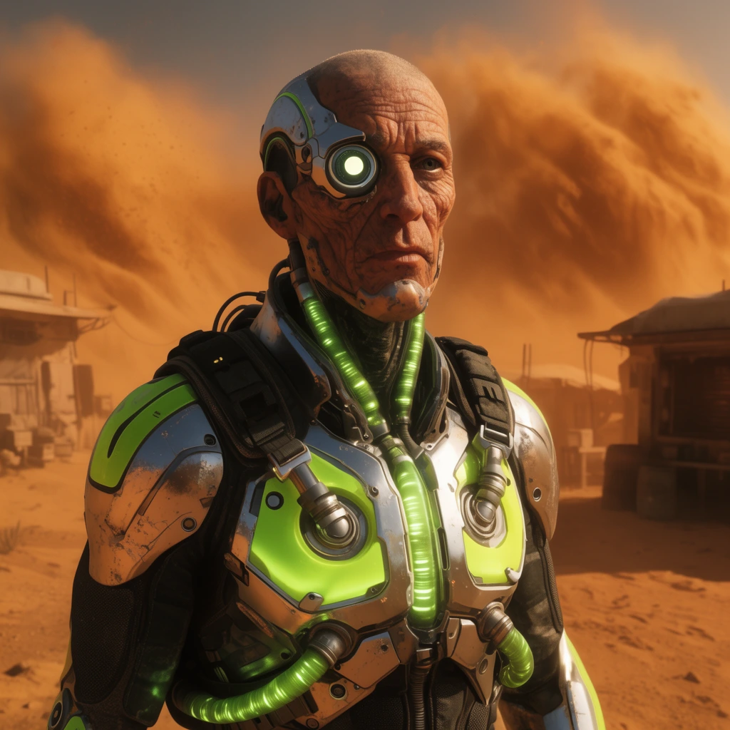 cybernetic humanoid, rugged weathered face, glowing optical implant, silver and neon-green tactical armor, glowing chest conduits, arid desert outpost setting, swirling sandstorm background, warm orange cinematic lighting, dramatic shadows, medium shot