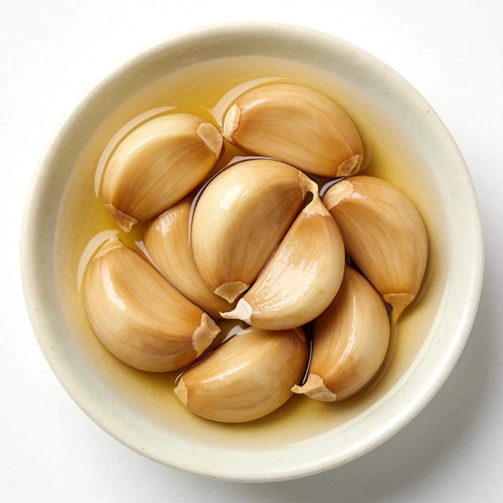 A top-down view of peeled, tan-colored pickled garlic cloves submerged in a pale yellow liquid within a shallow off-white bowl. The plump, curved garlic segments are tightly clustered, exhibiting smooth textures and glossy wet surfaces. The bowl rests on a stark, minimalist white surface. Captured with macro photography framing, bright overhead lighting creates sharp specular highlights on the liquid and the curved contours of the cloves, emphasizing their preserved, slick appearance.