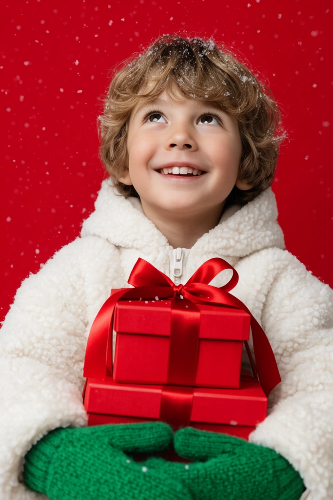 A smiling young boy looks upward, holding stacked red gift boxes tied with a shiny red ribbon against a solid red background. He wears a fluffy white fleece jacket and bright green knit mittens. Falling snow dusts his wavy light brown hair. The festive studio portrait features bright, soft lighting that highlights the rich textures of the clothing and ribbon.