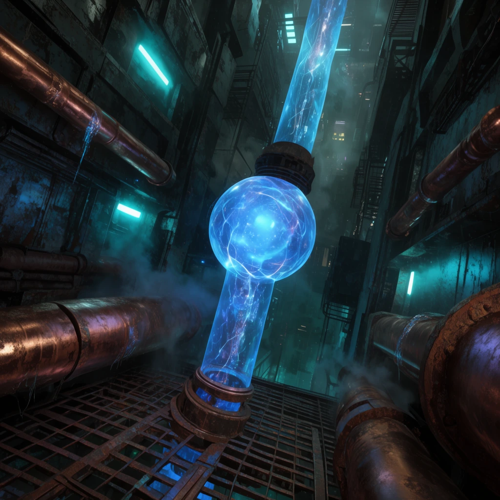 glowing blue spherical plasma conduit resting on rusted iron grating, deep cyberpunk industrial vertical shaft, heavy metallic architecture, large leaking copper pipes, flickering neon cyan lighting, atmospheric smog, gritty textures, high contrast shadows, sharp perspective
